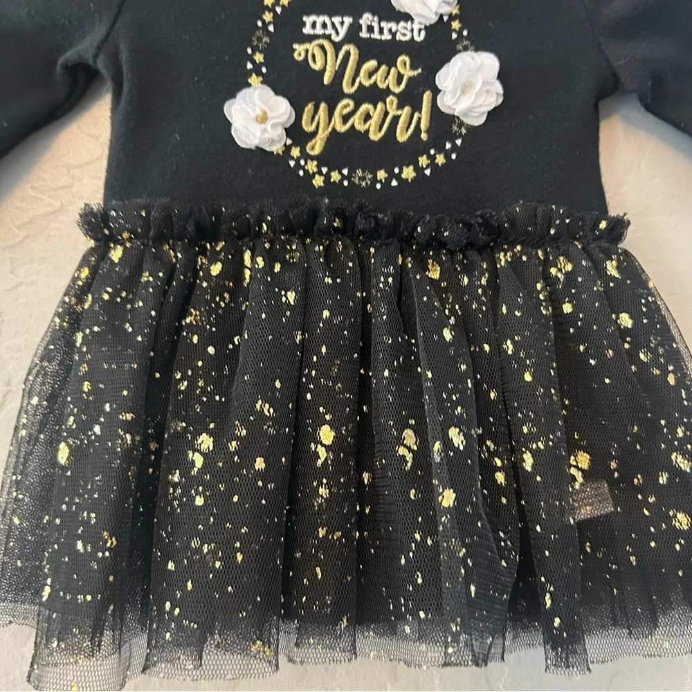 ⭐️Baby starters my first new year black and gold tutu skirted bodysuit newborn
